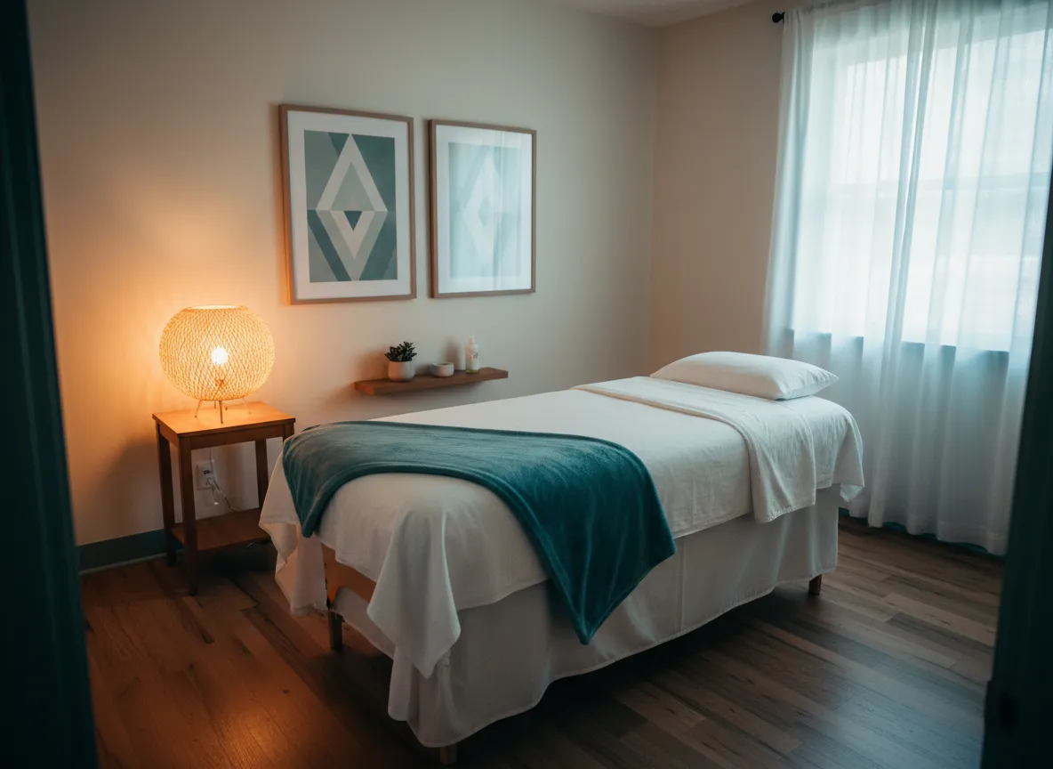 Serene professional massage room with clean linens and soft lighting at Moore Massage inside Nesseth Chiropractic